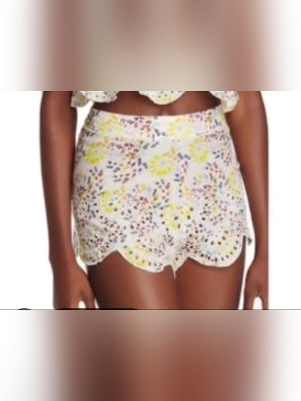 Free People Yellow High-Waist Scalloped Eyelet Shorts with Yellow Floral